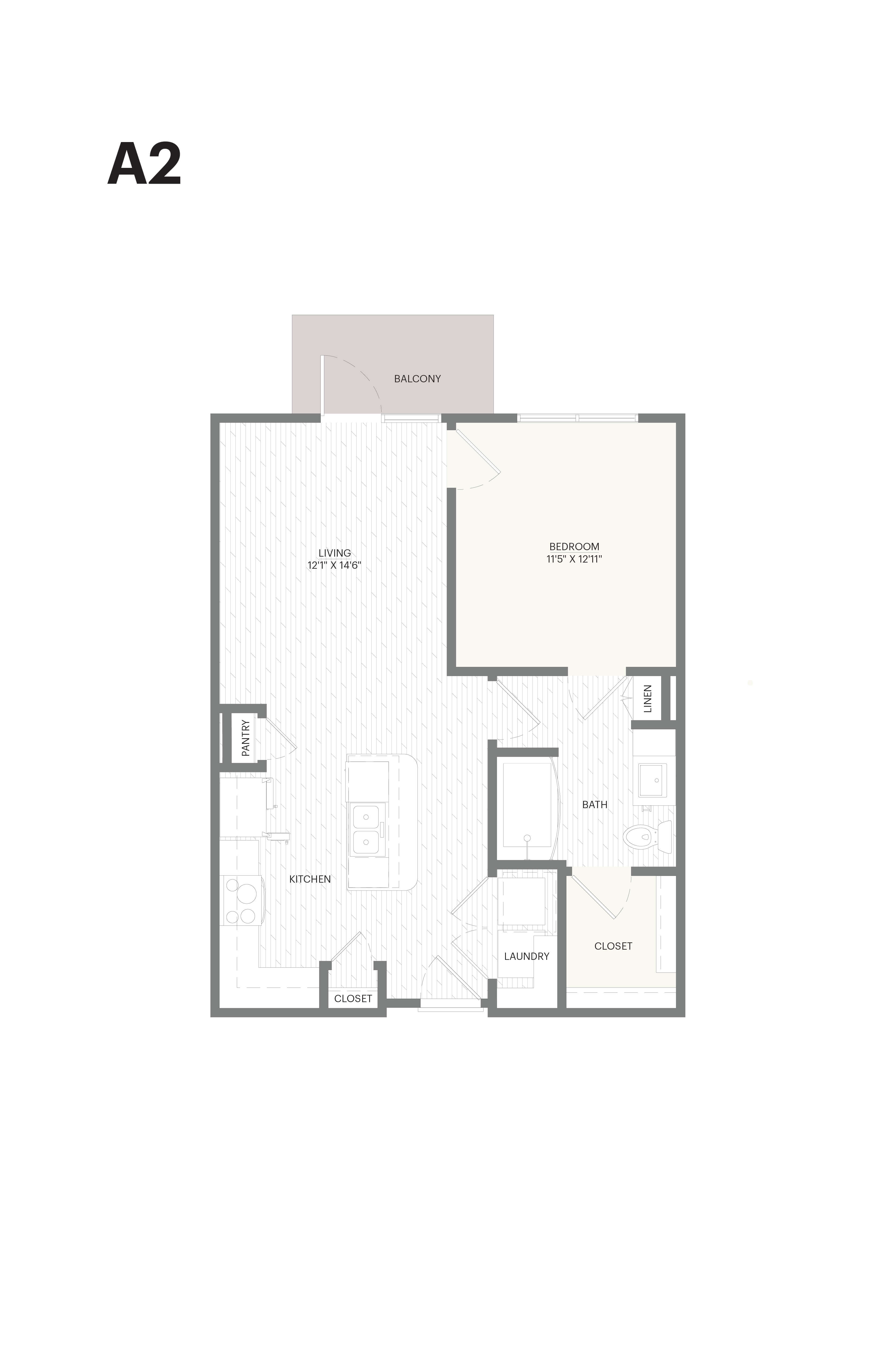 Floor plan for 1 bed, 1 bath, 700 sqft